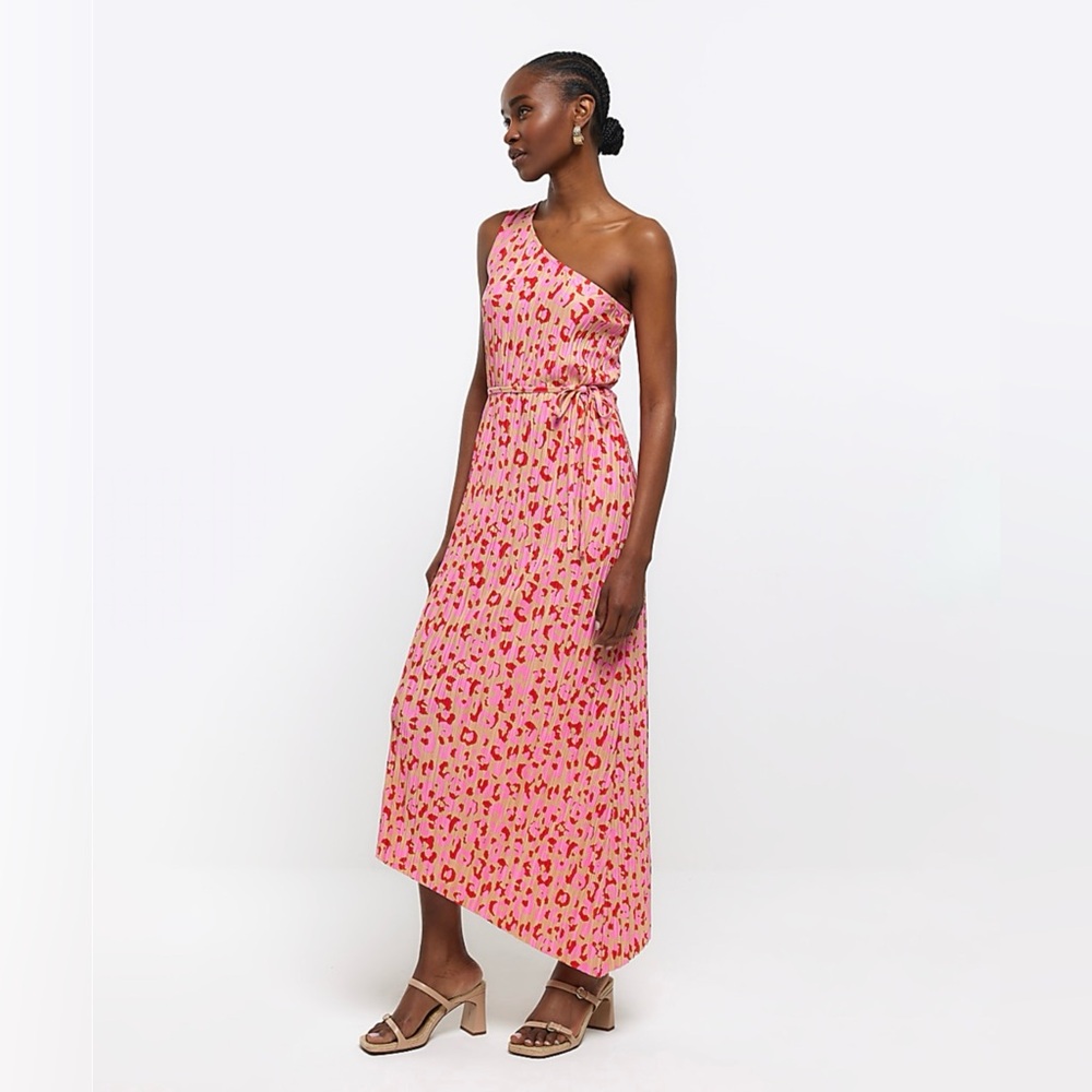 River Island Pink Leopard One Shoulder Plisse Maxi Dress NWT Women’s Size 10 - Picture 11 of 11
